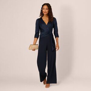 Adrianna Papell Satin Crepe Three Quarter Sleeve Jumpsuit With Buckle Waist In D